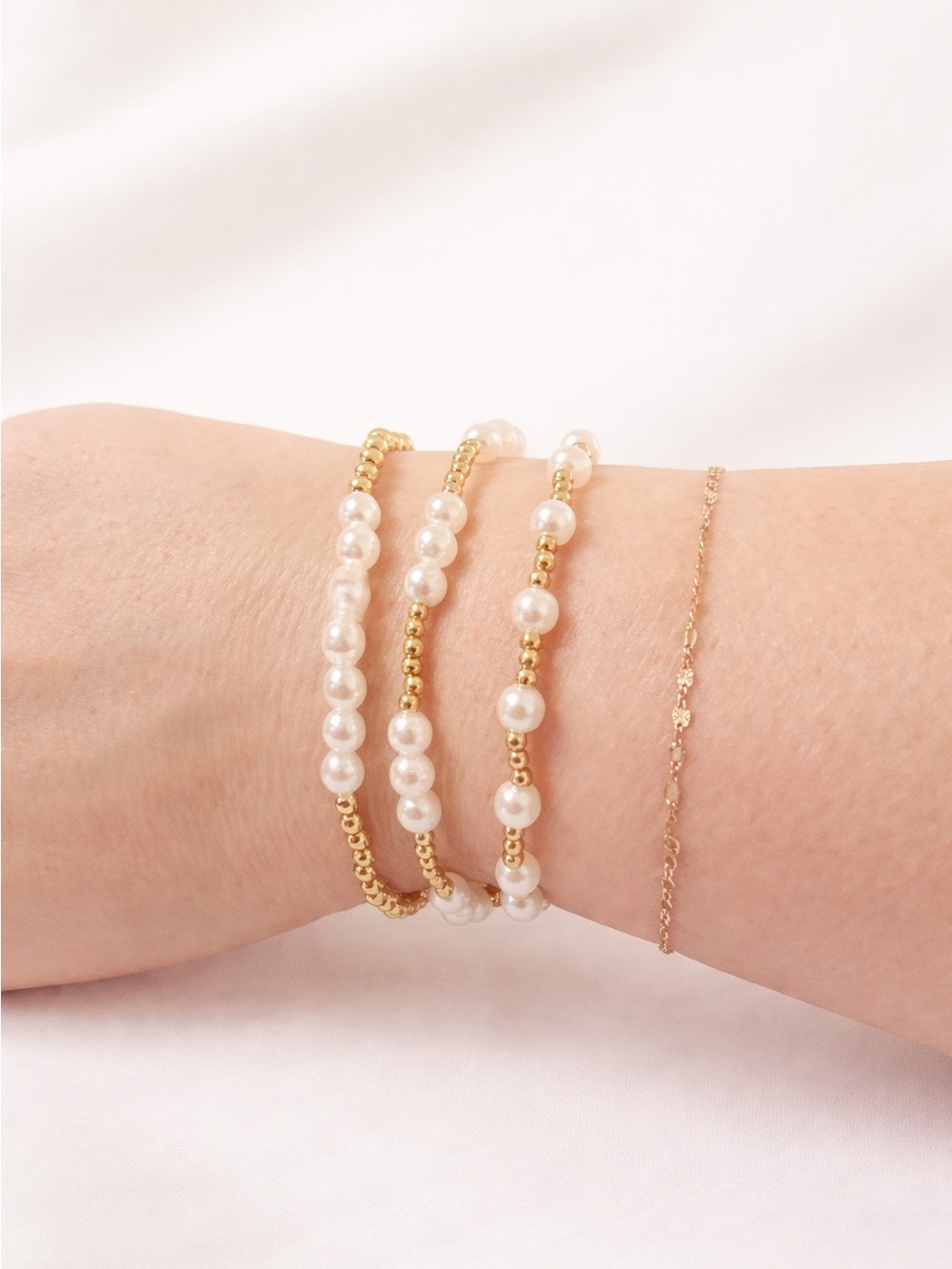 Gold and Pearl Beaded Stretch Bracelet Set  of 3 - Elegant Women’s Jewelry
